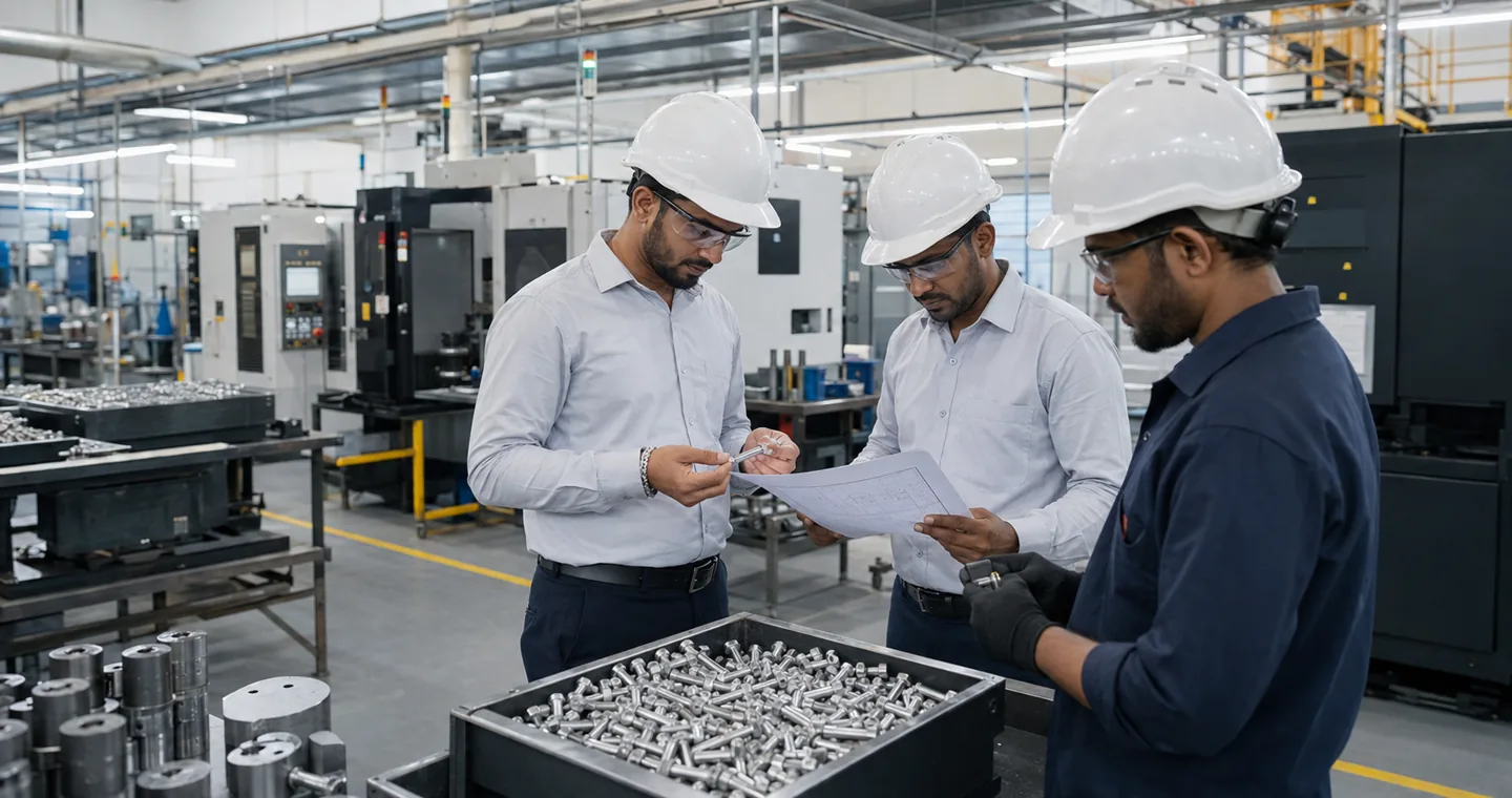 Manufacturing team reviewing stainless steel fasteners