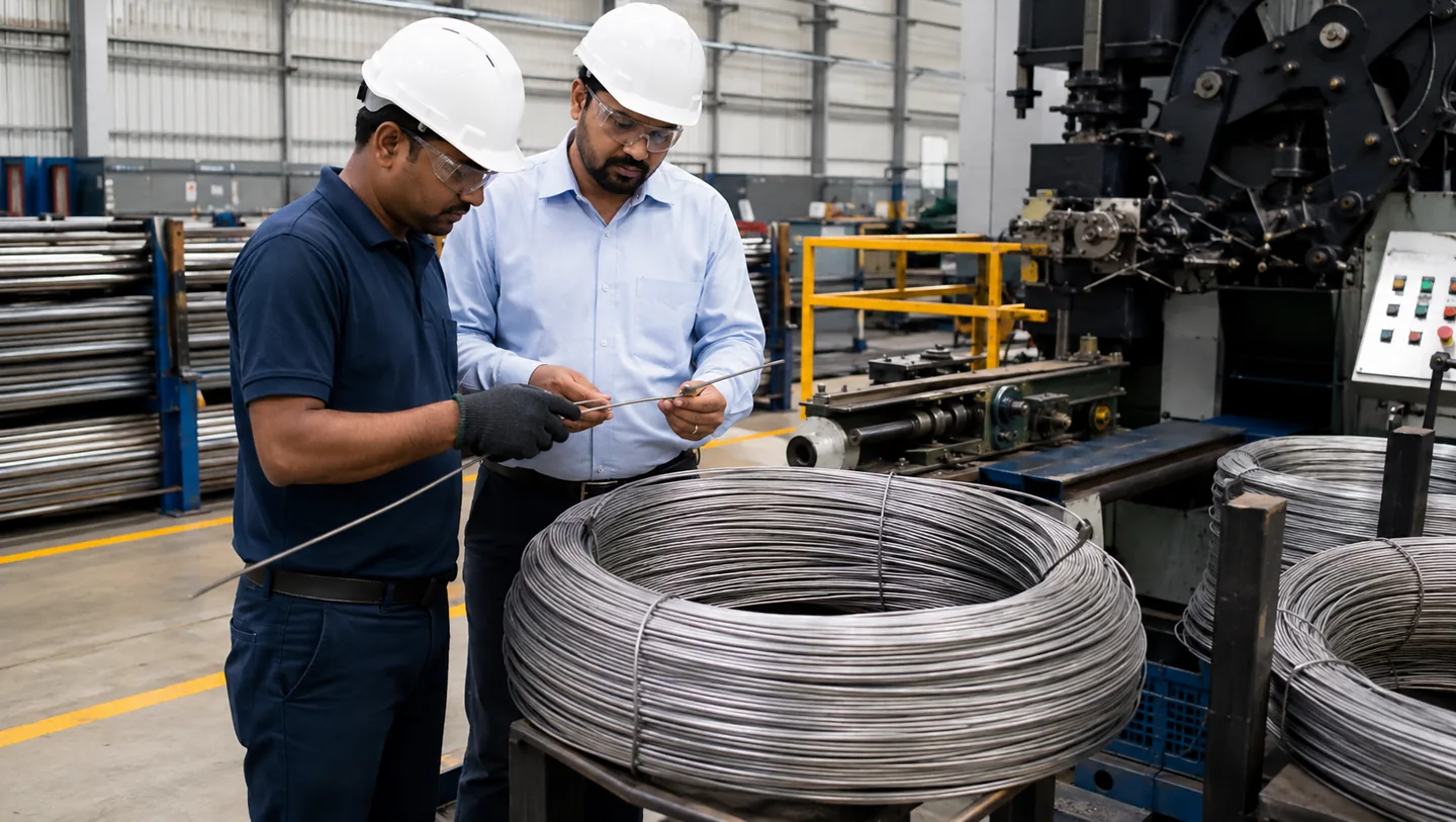 Factory team checking stainless steel wire rod before production