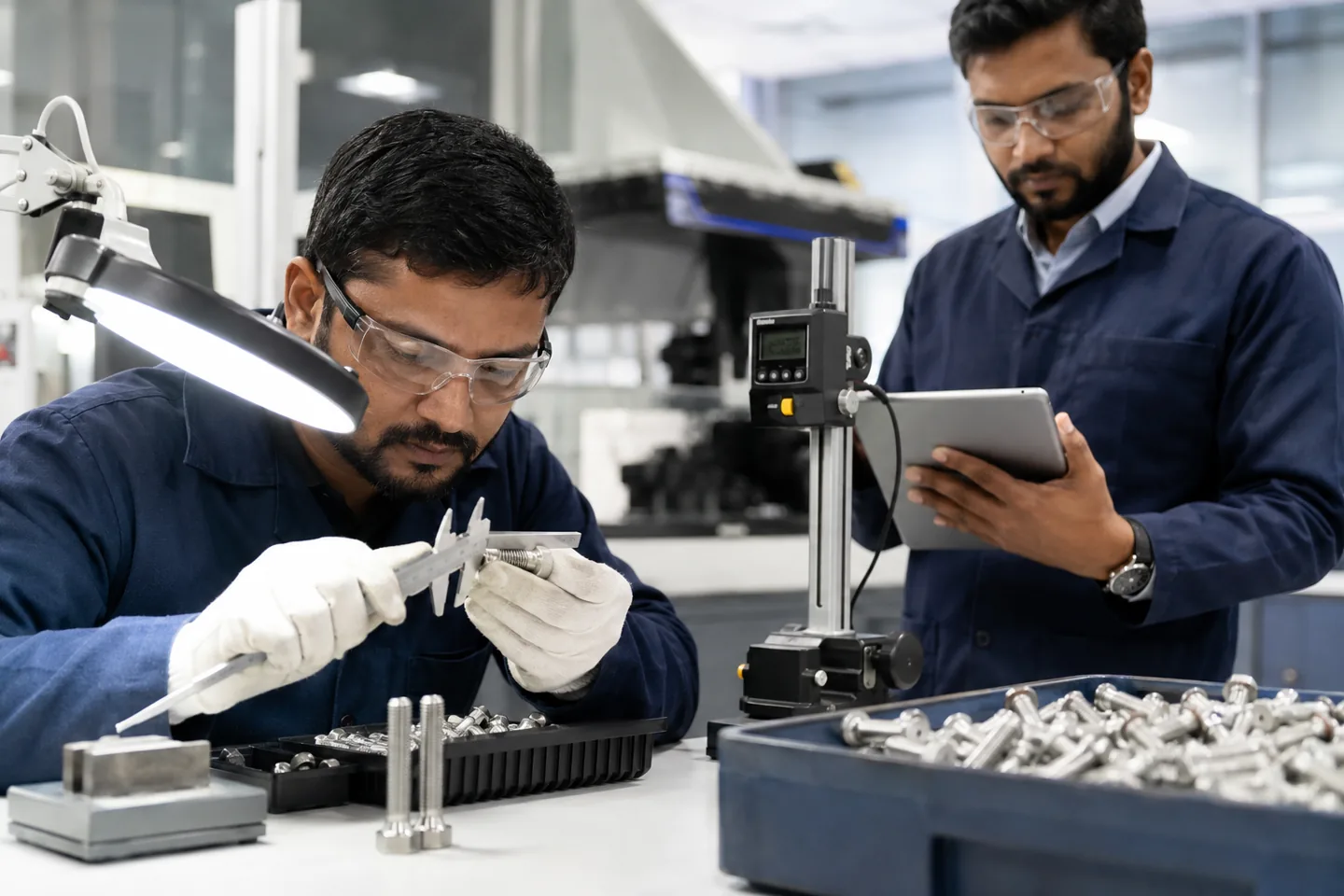 Quality technician measuring stainless steel fasteners
