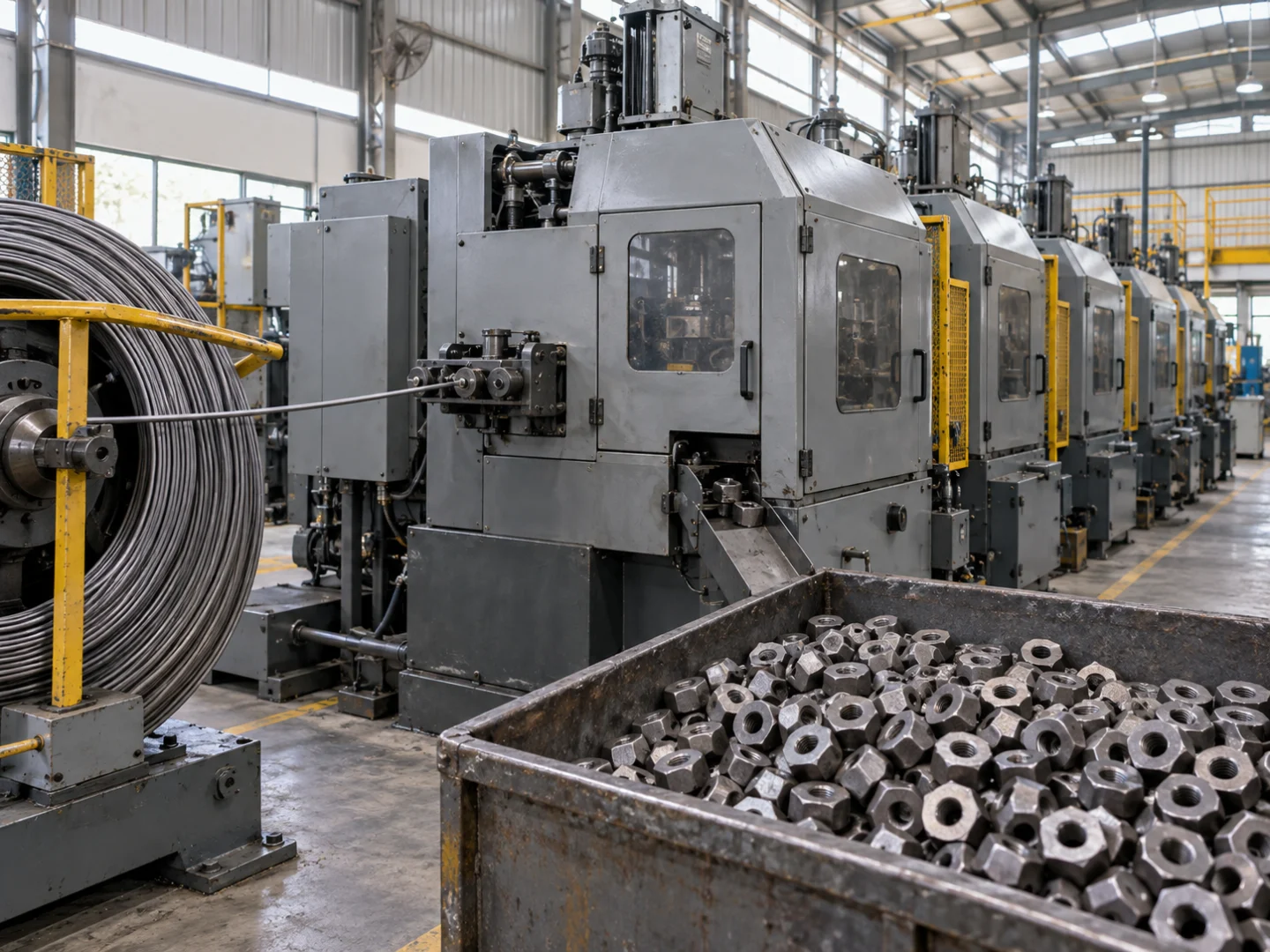 Operator running a thread rolling machine for stainless steel fasteners