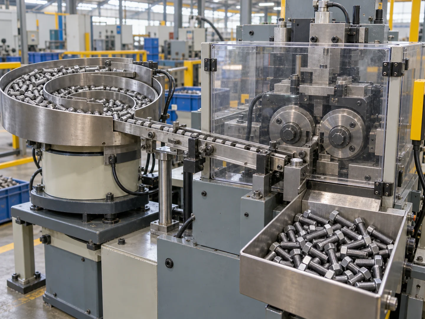 Operators checking a stainless steel fastener heading and forming machine